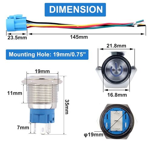 5Pcs 16mm Metal Latching Push Button Switch Waterproof Silver Shell 12V-24V 1NO 1NC ON-Off for 5/8" Mounting Hole with Pigtail Power Symbol Blue LED in Kuwait