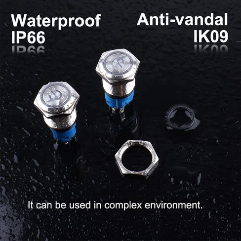 5Pcs 16mm Metal Latching Push Button Switch Waterproof Silver Shell 12V-24V 1NO 1NC ON-Off for 5/8" Mounting Hole with Pigtail Power Symbol Blue LED in Kuwait