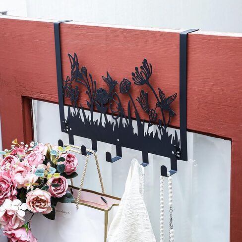 Geelin Metal Hummingbird Flower فوق الباب السنانير الزهور البرية فوق الباب الطبيعة جدار ديكور مع 5 خطافات حامل المناشف لحمام غرفة نوم غرفة المعيشة المنزل ديكور هدية in Saudi Arabia