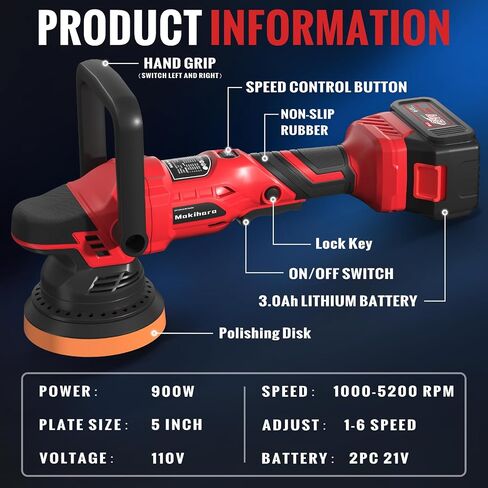 Cordless Buffer Polisher, 5 Inch Random Orbital Car Polisher Waxer, 6 Variable Speed 1000-5200 RPM, 21V 3.0Ah Batteries , 28Pcs Polishing Kit,for Car Polishing, Waxing, Boat Sanding, Scratch Removing in Saudi Arabia