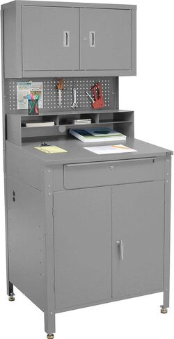 34-1/2"W x 30"D x 80"H Cabinet Shop Desk with Pigeonhole Riser, Pegboard & Upper Cabinet, Gray in Saudi Arabia