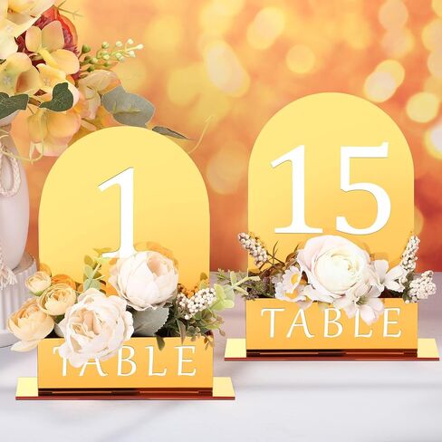 Yalikop Table Number 1-15 لحضور حفل زفاف القوس Acrylic رقم جدول الزفاف مع زهرة الحوض 5 "× 7" مركزية ريفية متطابقة لاستقبال حفلات حفلات الزفاف الحزب (Clear) in Saudi Arabia