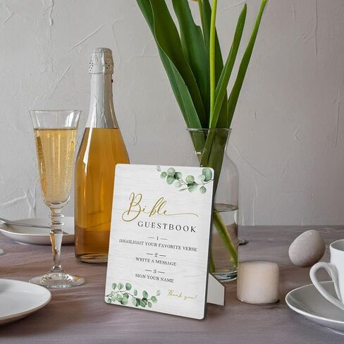 Bible Guest Book Sign 5"X7", Wedding Bible Guest Book Wooden Stand Sign, Wedding Table Decor for Ceremony & Reception (Green Leaves, 5x7 Inch) in Saudi Arabia