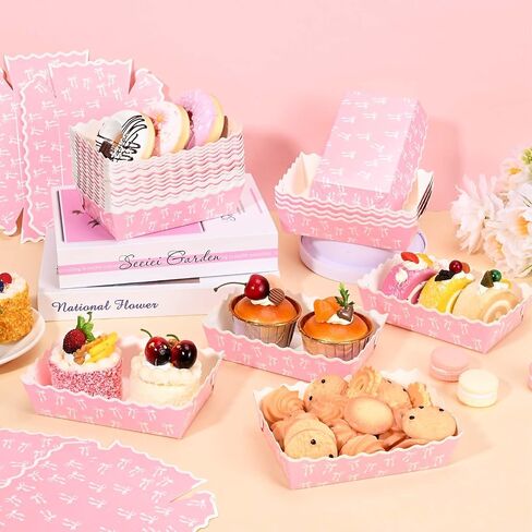 80 Pcs Pink Bow Paper Food Trays Pink Coquette Bowknot Kraft Paper Boat Trays for Birthday Wedding Baby Shower Party Decor(Tray1) in Saudi Arabia