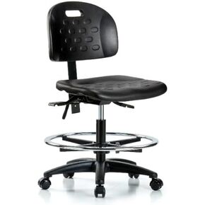 Newport Industrial Polyurethane Chair - Medium Bench Height with Chrome Foot Ring & Casters in Black Polyurethane in Saudi Arabia