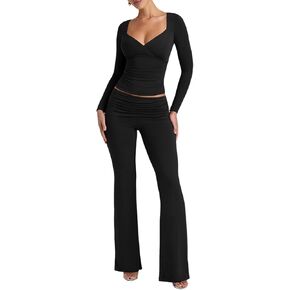 HESUUIO 2 Piece Lounge Sets For Women Casual Tracksuits V Neck Slim Tops Matching Fold Over Flare Legging Pants Sets in Saudi Arabia