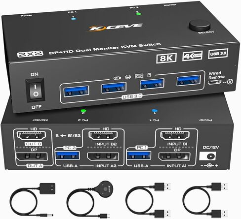 8K KVM Switch 1 Monitor 2 Computers 8K@60Hz 4K@120Hz ، HDMI KVM Switch مع 3 منافذ USB 3.0 ل 2 أجهزة كمبيوتر تشارك 1 طابعة فأر لوحة المفاتيح ، مع كبلتين USB ووحدة التحكم in Kuwait