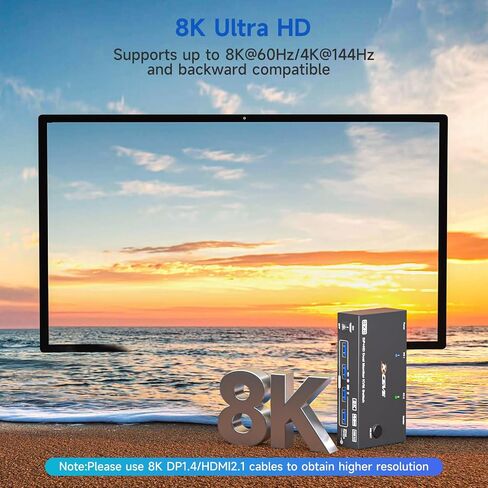 8K KVM Switch 1 Monitor 2 Computers 8K@60Hz 4K@120Hz ، HDMI KVM Switch مع 3 منافذ USB 3.0 ل 2 أجهزة كمبيوتر تشارك 1 طابعة فأر لوحة المفاتيح ، مع كبلتين USB ووحدة التحكم in Kuwait