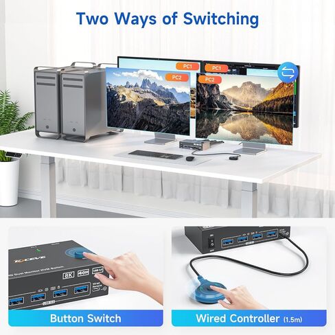 8K KVM Switch 1 Monitor 2 Computers 8K@60Hz 4K@120Hz ، HDMI KVM Switch مع 3 منافذ USB 3.0 ل 2 أجهزة كمبيوتر تشارك 1 طابعة فأر لوحة المفاتيح ، مع كبلتين USB ووحدة التحكم in Kuwait