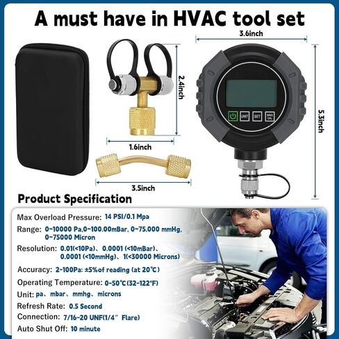 مقياس الفراغ الرقمي المحترف ، اختبار ضغط HVAC مع الإنذار ， مقياس HVAC Micron 0-75،000 ميكرون ، 7/16-20 UNF ، 1/4 بوصة SAE ، تعويض مؤقت ، شاشة LCD الخلفية in Kuwait