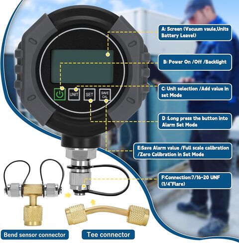 مقياس الفراغ الرقمي المحترف ، اختبار ضغط HVAC مع الإنذار ， مقياس HVAC Micron 0-75،000 ميكرون ، 7/16-20 UNF ، 1/4 بوصة SAE ، تعويض مؤقت ، شاشة LCD الخلفية in Kuwait