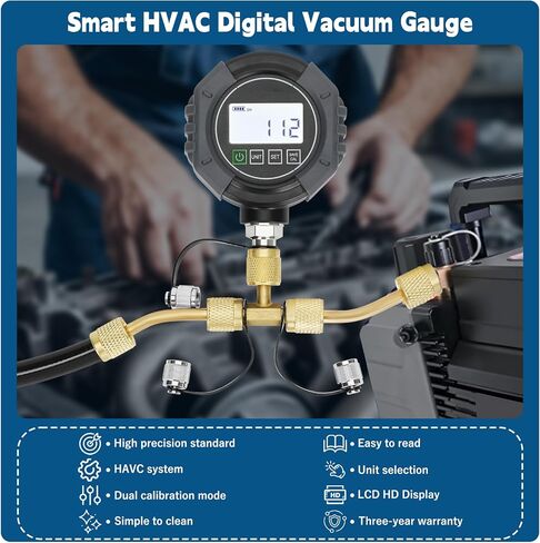 مقياس الفراغ الرقمي المحترف ، اختبار ضغط HVAC مع الإنذار ， مقياس HVAC Micron 0-75،000 ميكرون ، 7/16-20 UNF ، 1/4 بوصة SAE ، تعويض مؤقت ، شاشة LCD الخلفية in Kuwait