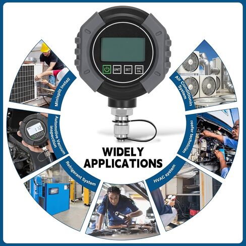 مقياس الفراغ الرقمي المحترف ، اختبار ضغط HVAC مع الإنذار ， مقياس HVAC Micron 0-75،000 ميكرون ، 7/16-20 UNF ، 1/4 بوصة SAE ، تعويض مؤقت ، شاشة LCD الخلفية in Kuwait