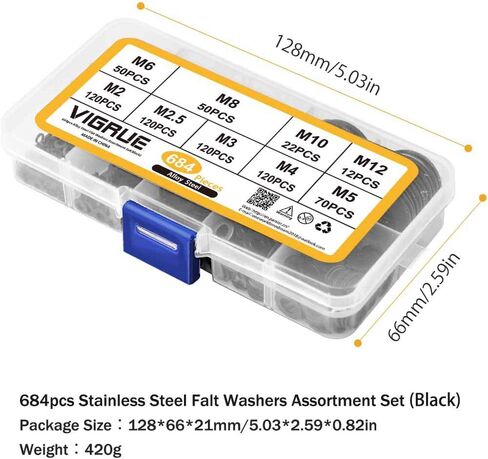 VIGRUE 304 Stainless Steel Flat Washers Set Washers Hardware Assortment 225 Pieces -15 Sizes M3 M4 M5 M6 M8 M10 M12 in Kuwait