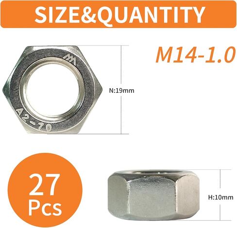 M14-1.25 Nuts Hex (27pcs) ، 304 الفولاذ المقاوم للصدأ (18-8) ، الأجهزة ، القياس ، خيط غرامة ، دينار in Kuwait