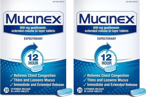 Mucinex Chest Congestion, Expectorant 12 Hour Extended Release Tablets, 20ct, 600mg Guaifenesin with Extended Relief of Chest Congestion Caused by Excess Mucus. Thins and Loosens Mucus in Saudi Arabia
