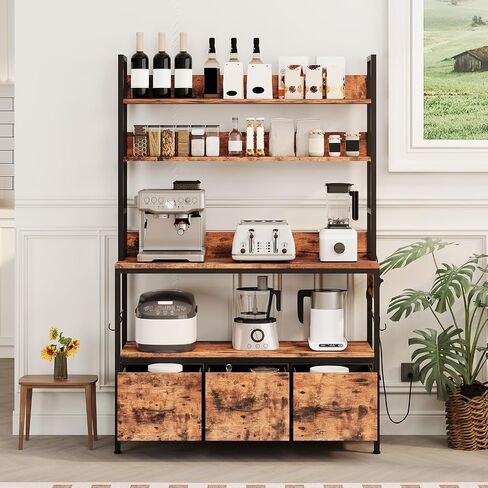 Bakers Rack with Storage Cabinet, 5-Tier Standing Kitchen Industrial Microwave Oven Stand with Power Outlet and 10 Hooks, Rustic Brown in Saudi Arabia