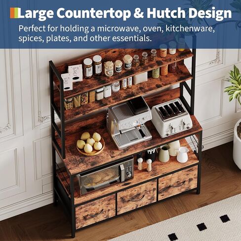 Bakers Rack with Storage Cabinet, 5-Tier Standing Kitchen Industrial Microwave Oven Stand with Power Outlet and 10 Hooks, Rustic Brown in Saudi Arabia