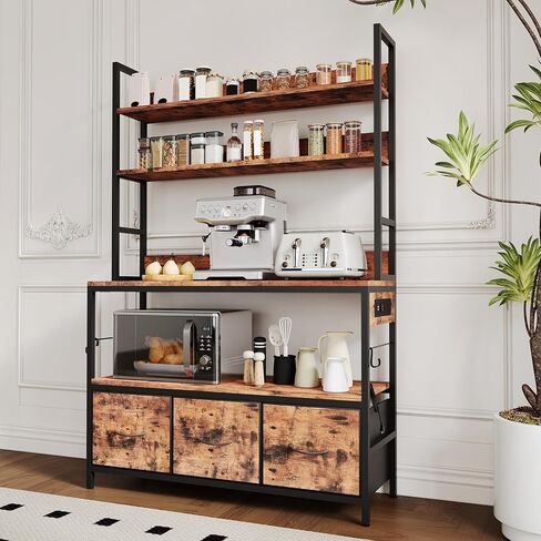 Bakers Rack with Storage Cabinet, 5-Tier Standing Kitchen Industrial Microwave Oven Stand with Power Outlet and 10 Hooks, Rustic Brown in Saudi Arabia