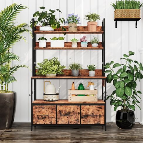 Bakers Rack with Storage Cabinet, 5-Tier Standing Kitchen Industrial Microwave Oven Stand with Power Outlet and 10 Hooks, Rustic Brown in Saudi Arabia
