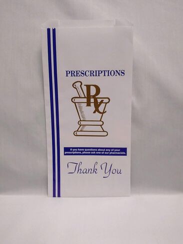 Premium Pharmacy Paper Bags - 5" X 2" X 10" - Thank You Printed in Blue and Gold (2000/Box) in Saudi Arabia