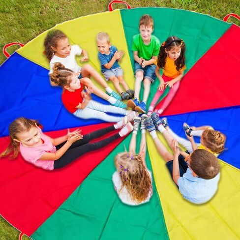 Parachute 13ft/ 16.4ft/ 20ft - الأطفال يلعبون جمباز المظلة مع مقابض للألعاب التعاونية الجماعية ، وموظفي الجيم في الهواء الطلق في الهواء الطلق ، كنيسة عيد ميلاد المظلة VBS VBS in Kuwait