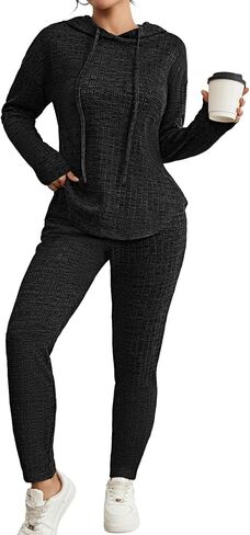 Fixmatti Women Pullover Hoodie Sweat Set Long Sleeve Ribbed Sweatsuit Tracksuits with Pocket in Saudi Arabia