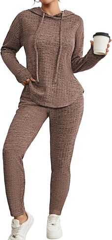 Fixmatti Women Pullover Hoodie Sweat Set Long Sleeve Ribbed Sweatsuit Tracksuits with Pocket in Saudi Arabia