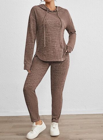 Fixmatti Women Pullover Hoodie Sweat Set Long Sleeve Ribbed Sweatsuit Tracksuits with Pocket in Saudi Arabia