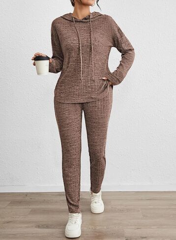 Fixmatti Women Pullover Hoodie Sweat Set Long Sleeve Ribbed Sweatsuit Tracksuits with Pocket in Saudi Arabia
