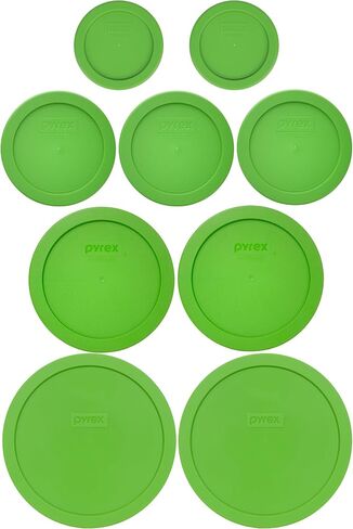 Pyrex (2) 7202-PC 1-Cup, (3) 7200-PC 2-Cup, (2) 7201-PC 4-Cup, and (2) 7402-PC 6/7-Cup Lawn Green Lids - Made in USA in Saudi Arabia