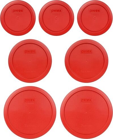 Pyrex (3) 7200-PC 2-Cup, (2) 7201-PC 4-Cup, and (2) 7402-PC 6/7-Cup Poppy Red Lids - Made in USA in Saudi Arabia