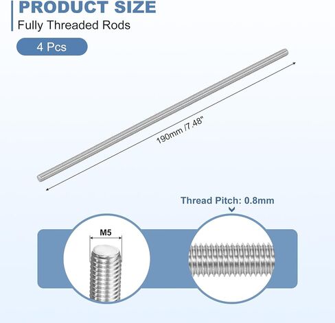 uxcell 4Pcs M5-0.8x190mm Fully Threaded Rods, Threaded Rods Bar Studs, 304 Stainless Steel Long Thread Screws Hardware for U-Bolts, Anchors, Clamps, Hangers, Silver in Saudi Arabia