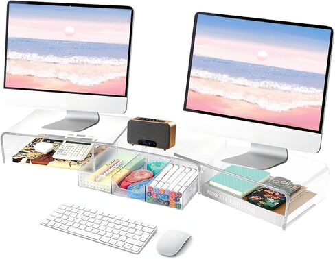 Desk Organizers and Accessories, Dual Monitor Stand Riser with Drawer and 2 Pen Holders, Desk Shelf Metal Computer Monitor Stand for Office Workspace Organizers, Desktop Organization (Black) in Kuwait