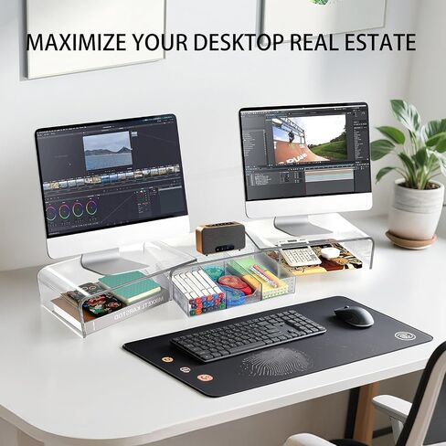 Desk Organizers and Accessories, Dual Monitor Stand Riser with Drawer and 2 Pen Holders, Desk Shelf Metal Computer Monitor Stand for Office Workspace Organizers, Desktop Organization (Black) in Kuwait