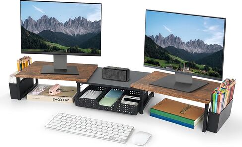 Desk Organizers and Accessories, Dual Monitor Stand Riser with Drawer and 2 Pen Holders, Desk Shelf Metal Computer Monitor Stand for Office Workspace Organizers, Desktop Organization (Black) in Kuwait