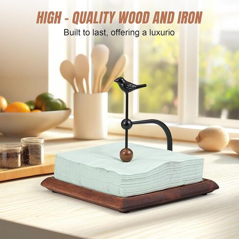 Napkin Holder for Table with Unique Bird - shaped Design, Napkin Holder with Salt and Pepper Shakers Storage (Shakers Not Included), Wooden Base, Iron Build.Ideal for Outdoor Use and Kitchens in Saudi Arabia