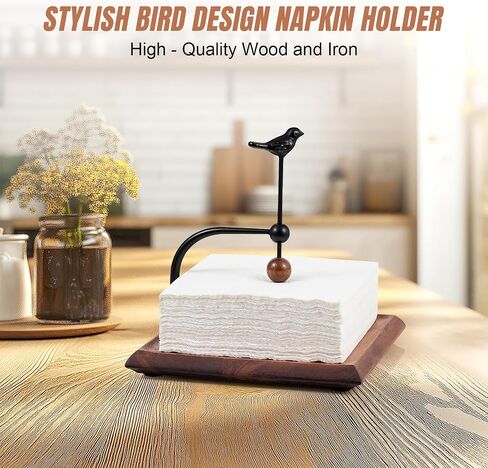 Napkin Holder for Table with Unique Bird - shaped Design, Napkin Holder with Salt and Pepper Shakers Storage (Shakers Not Included), Wooden Base, Iron Build.Ideal for Outdoor Use and Kitchens in Saudi Arabia