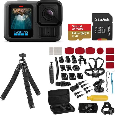 GoPro HERO13 Black Waterproof Action Camera with 5.3K60 Video, 27MP Photos, Enduro 1900mAh Battery, 64GB SanDisk microSD Card, 47-Piece Accessory Kit, 1-Year Warranty in Saudi Arabia