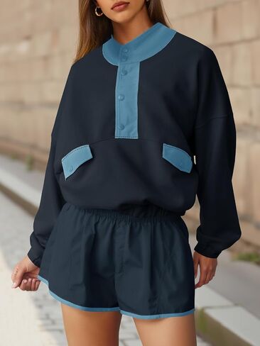 Fisoew Womens 2 Piece Outfits Sweatsuits Casual Snap Color Block Sweatshirts Running Shorts Sets Fall Loose Tracksuits in Saudi Arabia