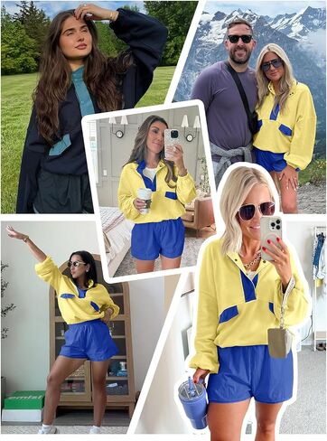 Fisoew Womens 2 Piece Outfits Sweatsuits Casual Snap Color Block Sweatshirts Running Shorts Sets Fall Loose Tracksuits in Saudi Arabia
