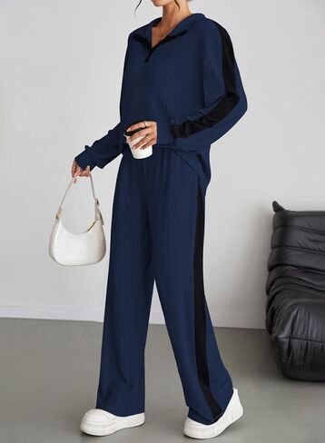 Pink Queen Womens 2 Piece Lounge Sets 2025 Fall Outfits Henley Neck Ribbed Striped Sweatsuits Matching Set in Saudi Arabia