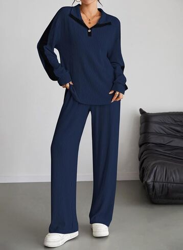 Pink Queen Womens 2 Piece Lounge Sets 2025 Fall Outfits Henley Neck Ribbed Striped Sweatsuits Matching Set in Saudi Arabia
