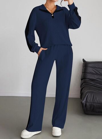 Pink Queen Womens 2 Piece Lounge Sets 2025 Fall Outfits Henley Neck Ribbed Striped Sweatsuits Matching Set in Saudi Arabia