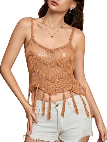 MakeMechic Women's Women's Crochet Spaghetti Strap Cami Crop Tops Fringe Knit Summer Tank Top in Saudi Arabia