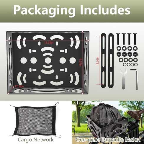 Bike Basket Rear - Large Bike Baskets for Maximum Load 130LB, Structurally Sound Easy to Install Iron Panel with Waterproof Liner and Cargo Net - Durable&Flex-Resistant Ebike Rear Basket in Saudi Arabia