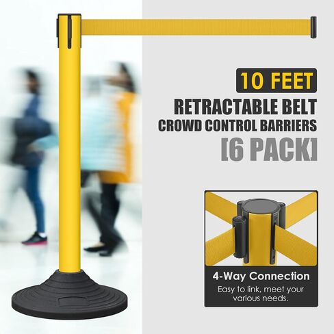 6 Pack Precium Control Control Set ، 40 "H lextor post مع حزام قابل للسحب 10 أقدام ، قاعدة شاقة ، حواجز حبل أمان لقائمة انتظار حركة المرور (قاعدة مطاطية ثقيلة ، أصفر) in Kuwait