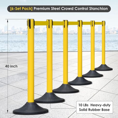 6 Pack Precium Control Control Set ، 40 "H lextor post مع حزام قابل للسحب 10 أقدام ، قاعدة شاقة ، حواجز حبل أمان لقائمة انتظار حركة المرور (قاعدة مطاطية ثقيلة ، أصفر) in Kuwait