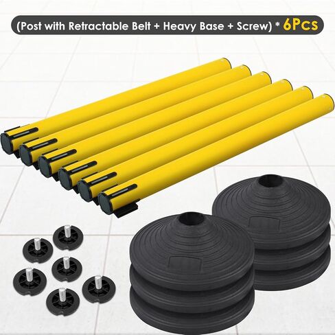 6 Pack Precium Control Control Set ، 40 "H lextor post مع حزام قابل للسحب 10 أقدام ، قاعدة شاقة ، حواجز حبل أمان لقائمة انتظار حركة المرور (قاعدة مطاطية ثقيلة ، أصفر) in Kuwait