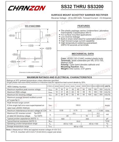 (حزمة من 100 قطعة) Chanzon SS34 SMD Schottky Barrier Rechifier Diodes 3A 40V SMA (DO-214AC) 3 أمبير 40 فولت in Saudi Arabia